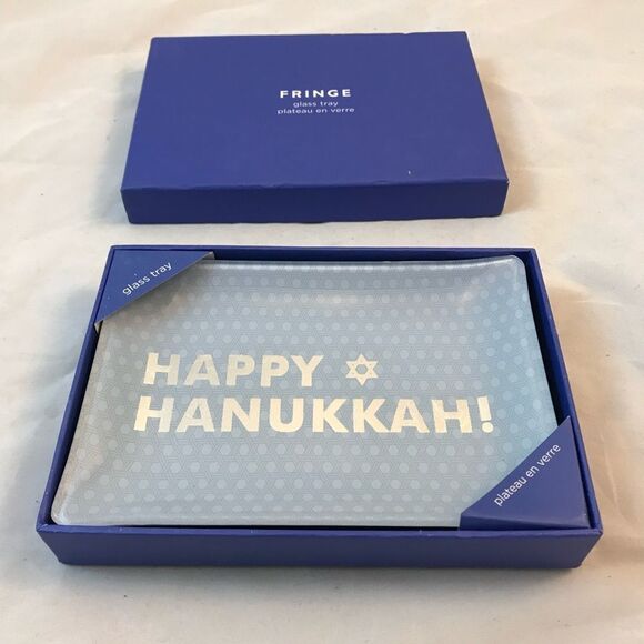Happy Hanukkah! Tray Glass Holiday Blue Fringe Rectangle Catch All Unisex Decor - Picture 1 of 8
